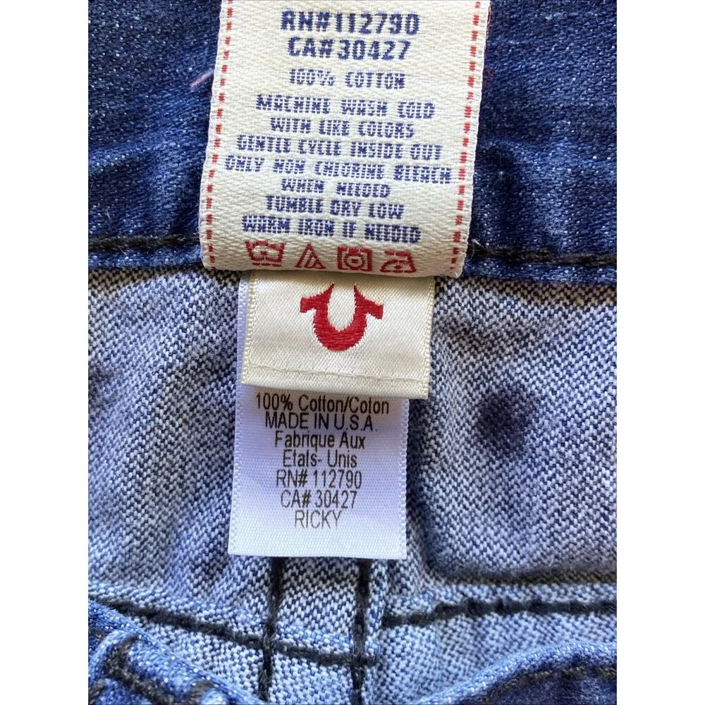 True Religion Mens Ricky Big T Relaxed Straight Blue Jeans 40x34 Whiskers (flaw)
